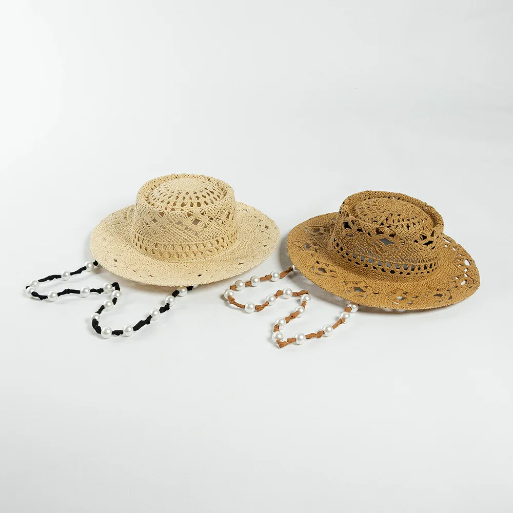 USPOP New Fashionable Raffia Hat Women Sun Hat with Knitted Link Chain and Hollow Round Top Wide Brim Outdoor Sunshade Hat