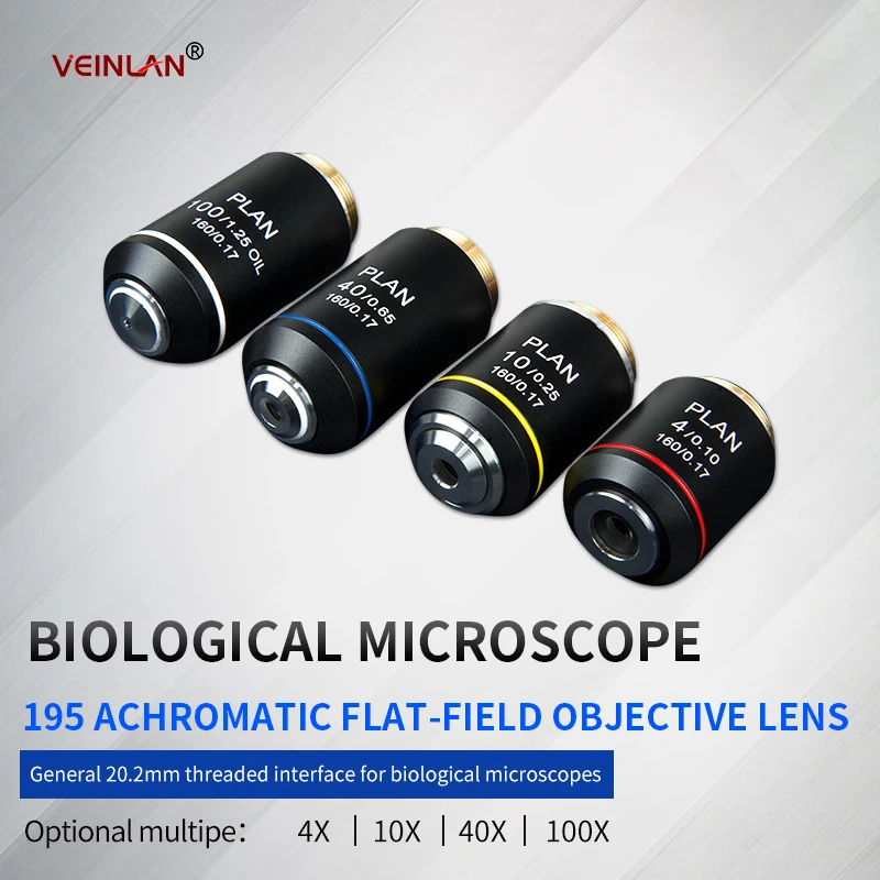 

195 Biological microscope objective lens, infinite distance optics, 4X, 10X, 20X, 40X, 100X, threaded interface 20.2mm