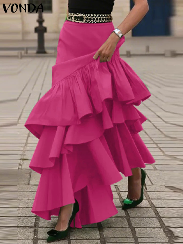 VONDA Women Skirts Solid Color Elegant Ruffled Party Overskirt 2025 Summer Beach A-Line Jupe Casual Loose Bottoms Oversized
