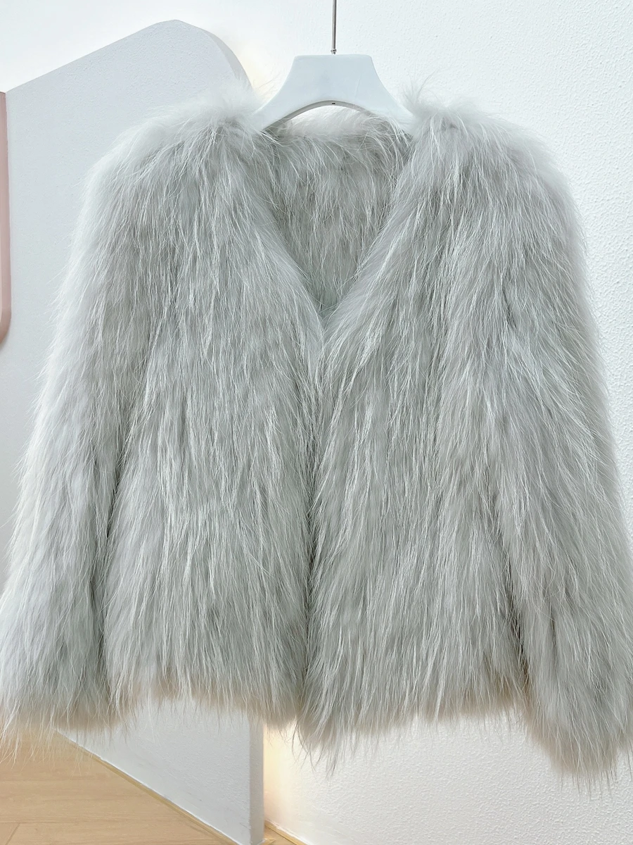 50cm Autumn Winter Women Real Raccoon Fur Coat Knitted Natural Fur Jacket Female Elegant V-neck Thick Warm Overcoat New White