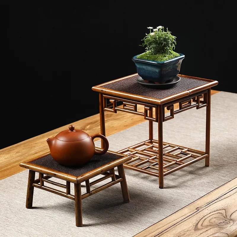 Handmade Bamboo Side Table with Rattan Top Small Round Coffee Table for Living Room Natural Wood End Table Plant Stand Decor