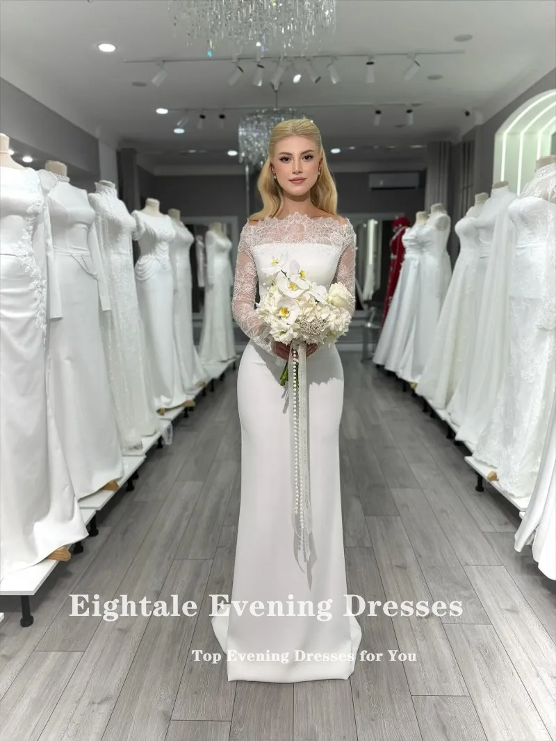 فستان زفاف عربي Eightale بدون حمالات مخصص من الساتان العاجي بأكمام طويلة من الدانتيل فستان زفاف حورية البحر فستان حفلات العروس #4