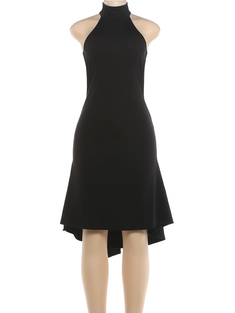 Weird Puss Sexy Rückenfreies Kleid Damenmode Klassisches Gerafftes Neckholder-Rollkragenkleid mit Perlen-Patchwork und Band, Trendiges Party-Club-Bodycon-Kleid – Detail 4