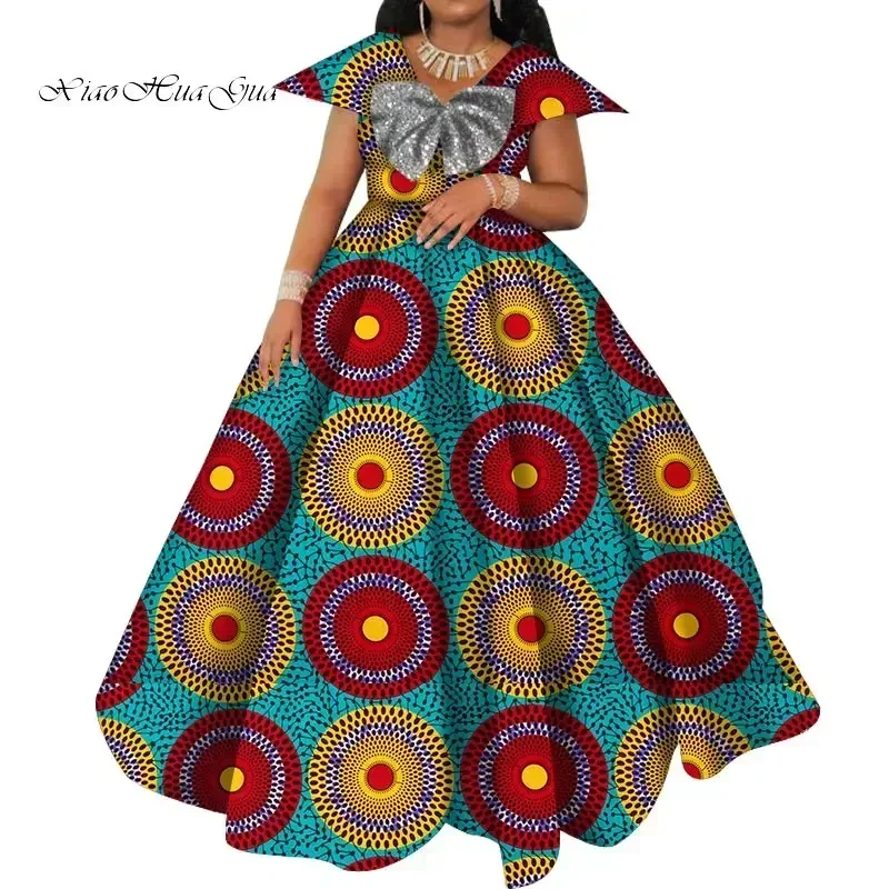 Bazin Riche African Print Dresses for Women Short Sleeve Long Wedding Dress Party Vestido Cotton Women African Clothing WY6098