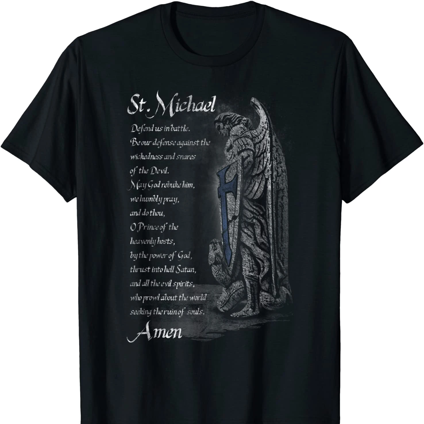 St Michael The Archangel Defend Us In battle. Thin Blue Line Prayer T-Shirt. Premium Cotton Short Sleeve O-Neck Mens T Shirt New