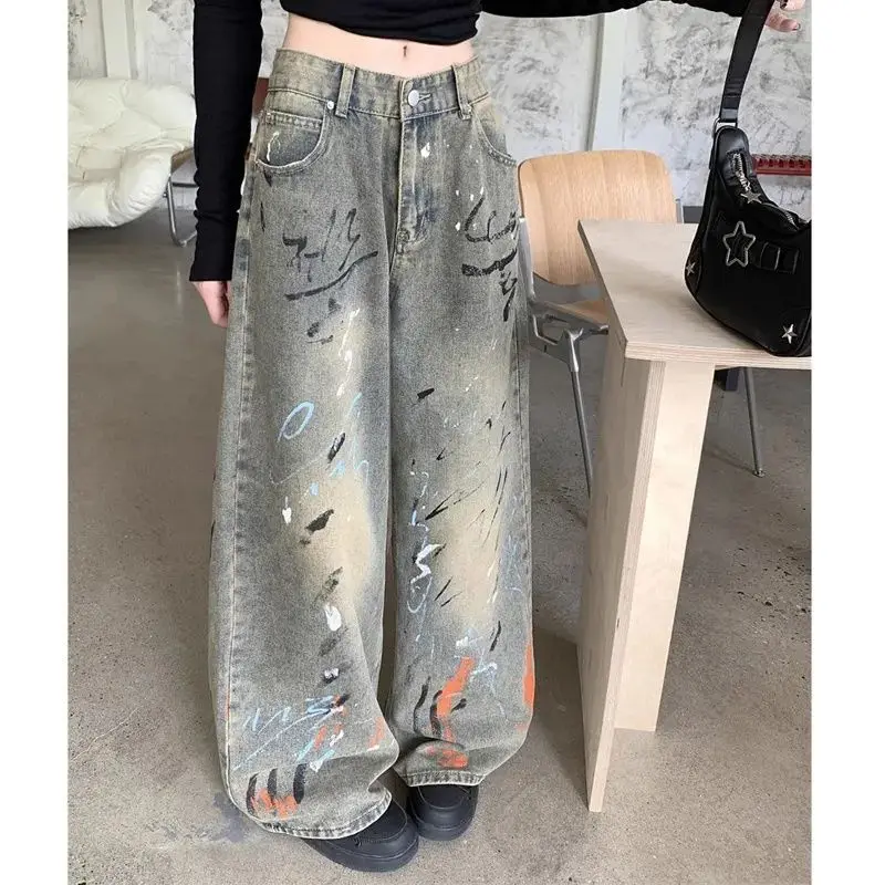 Splash Ink High Waist Jeans Retro Washed Wide Leg New Design Wasteland Graffiti Loose Mopping Style