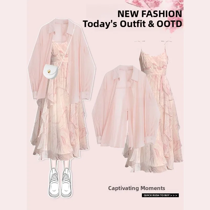 달콤한 꽃무늬 스트랩 드레스 여성용 2025년 봄 신상 패션 캐주얼 디자인 센세이션 자외선 차단 셔츠 매칭 드레스