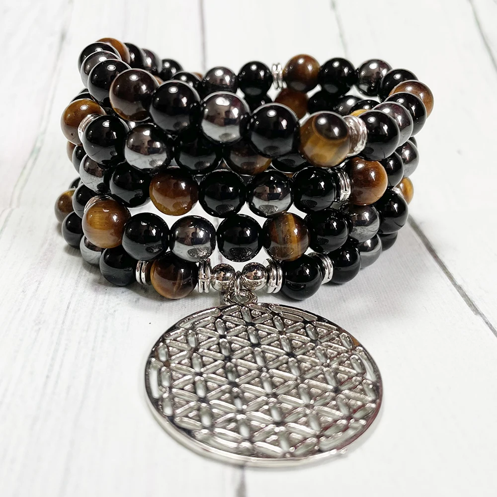 

MG2010 8 MM Black Tourmaline Tiger Eye Hematite 108 Mala Bracelet Womens Natural Gemstone Handmade Yoga Wrist Balance Jewelry