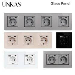 UNKAS 16A Type-C Port EU Standard Socket Black White USB Connector Plug Gray Outlet Grey Tempered Glass Panel Gold Power Russia