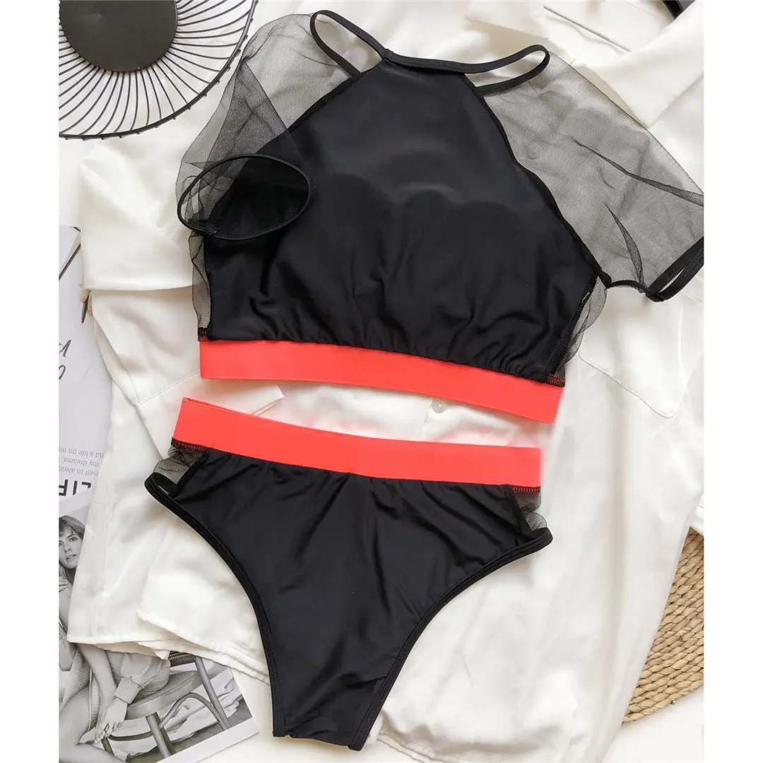 Kurzarm-Badeanzug mit Mesh-Einsätzen, Damen-Bikini mit hoher Taille, zweiteiliger Bikini-Set, Badebekleidung, Badeanzug, Modell V2871. – Detail 26