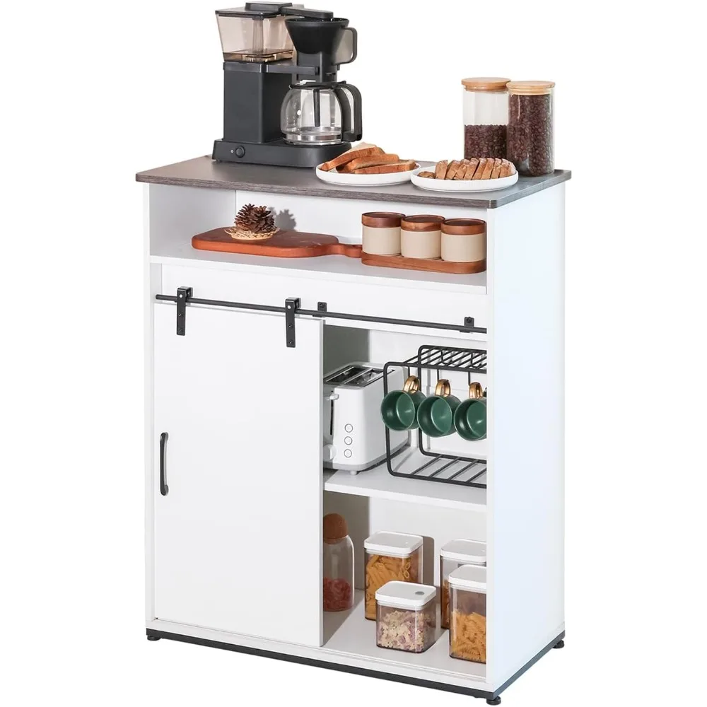 

Coffee Bar Cabinet/Table, 32" Buffet Sideboard with Sliding Barn Door and Storage Shelves, Farmhouse Wood Kitchen/Accent Storage