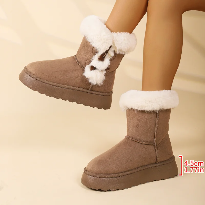 Women Winter 2026 Retro Fashion Horn Button Furry Thick Bottom Non Slip Snow Boots Ankle Boots Warm Women Booties Big Size 36-41