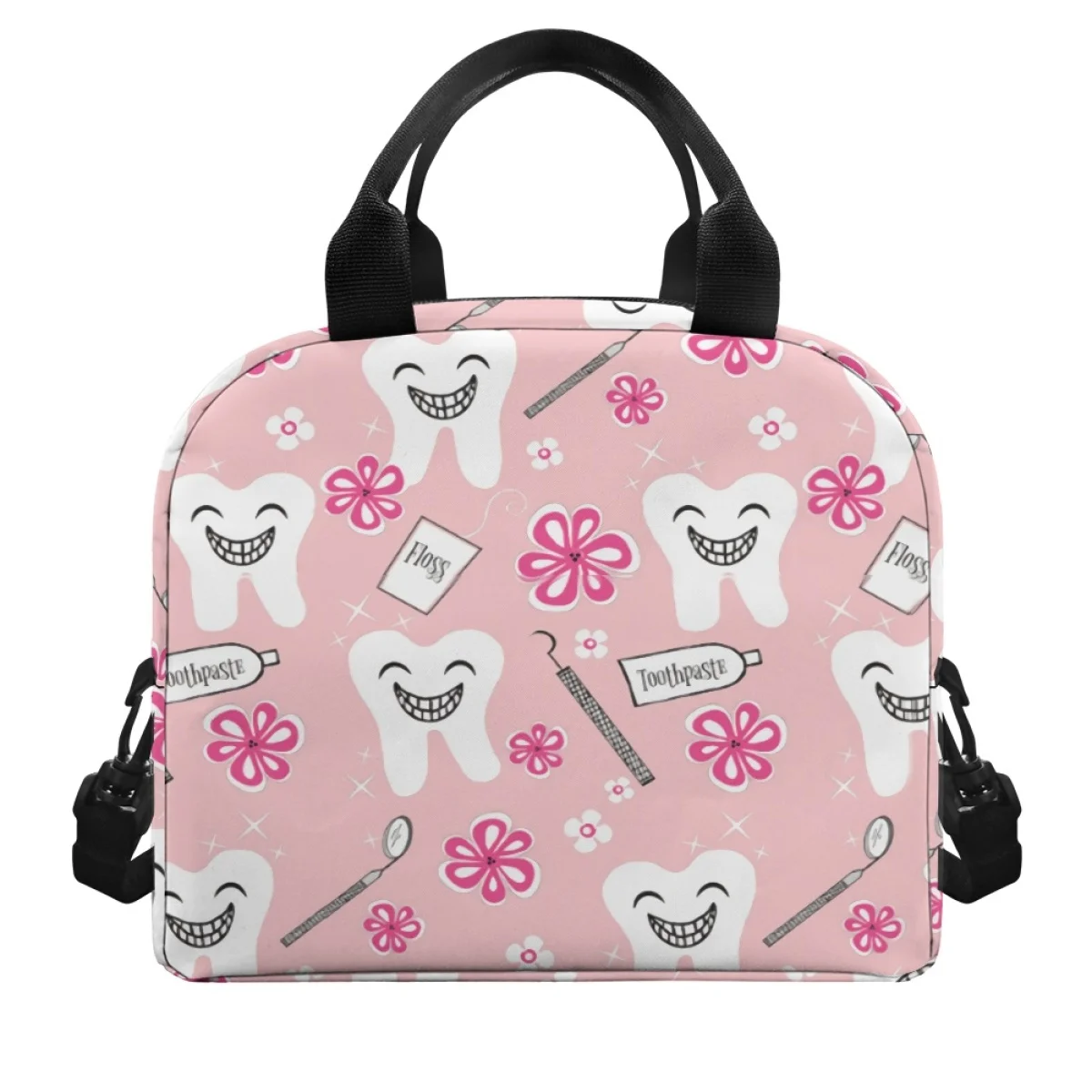 Lovely Pink Flower Teeth Dentist Dental Pattern Woman Four Seasons Lunch Keeping Bag Travel Outdoor Multi Pockets Zippers Satche