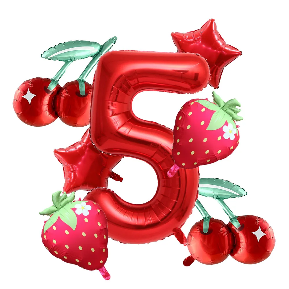 7 قطع الفراولة الكرز حزب بالون رقمي 1-9 بالون مجموعة الفاكهة الحلوة الاطفال عيد ميلاد فتاة الزفاف استحمام الطفل حزب الديكور
