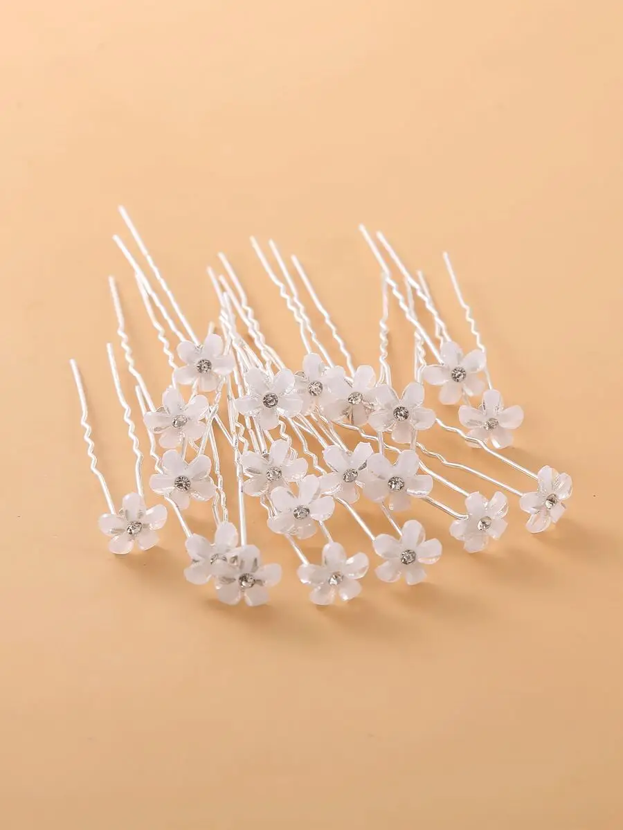 

20pcs White Floral Hair Pins with Rhinestone Centers, Wavy Metal Prongs for Bridal or Everyday Styling