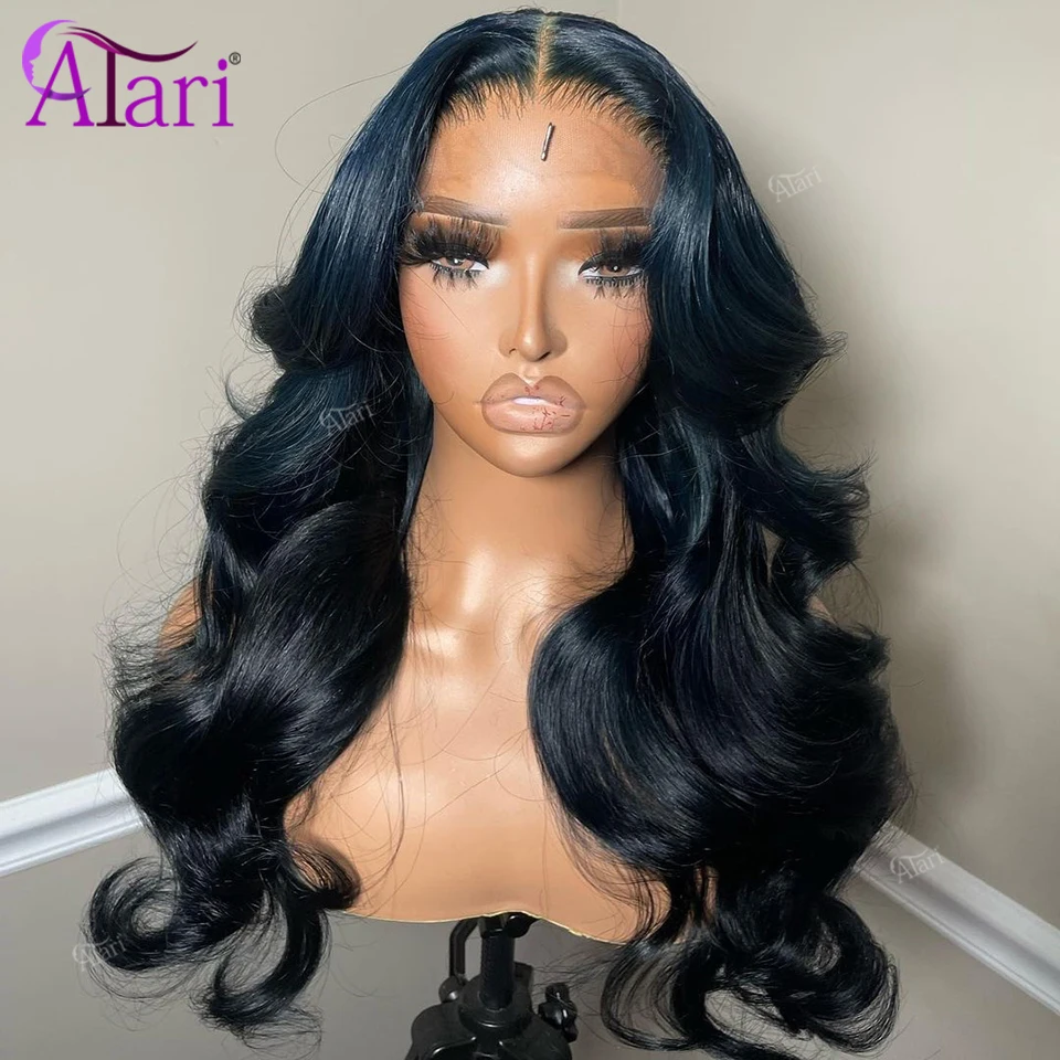 Peruca de cabelo humano azul embaçamento para mulheres, renda frontal transparente, azul escuro, onda corporal, pré arrancada, fechamento de renda