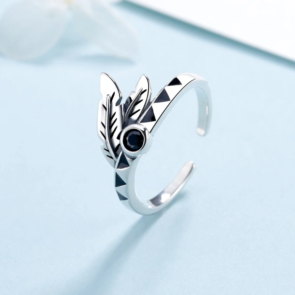 

New 925 Sterling Silver Indian Feather Tribal Adjustable Ring with Black Gemstone Open Size Ring Women's Fine Jewelry