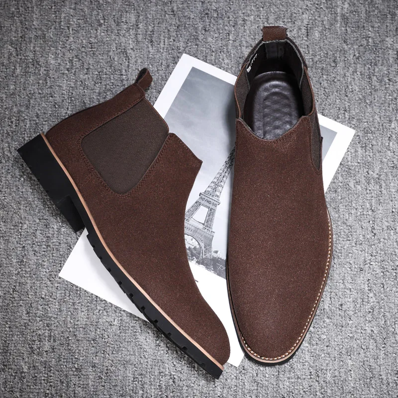 Autumn and Winter Classcis Men Chelsea Boots Black and Brown Suede Casual Slip on Short Boots Vintage Leather Cowboy Ankle Boots