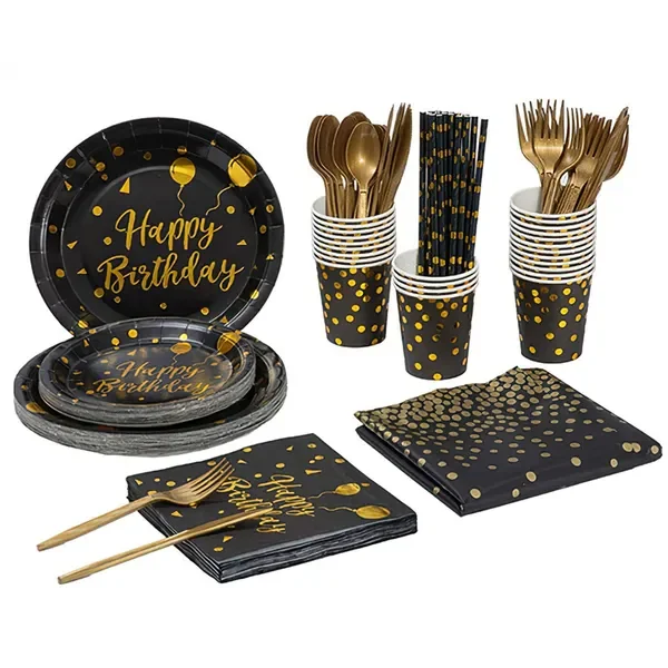 

201PCS Black Gold Birthday Party Supplies for 25 Guests - Disposable Dinnerware Set with Plates, Cups, Straws, Napkins, Forks &
