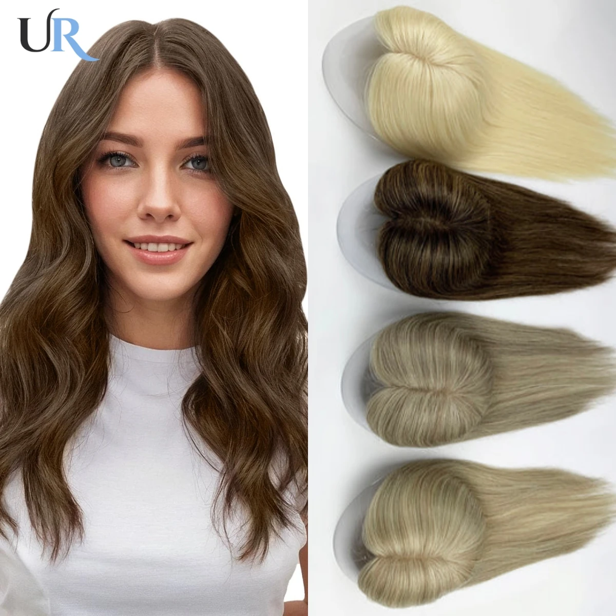 Cheveux humains vierges Toppers femmes Mono Base cheveux Topper Clips dans les perruques de cheveux humains cheveux raides naturels blond 3 ''x 5'' postiches