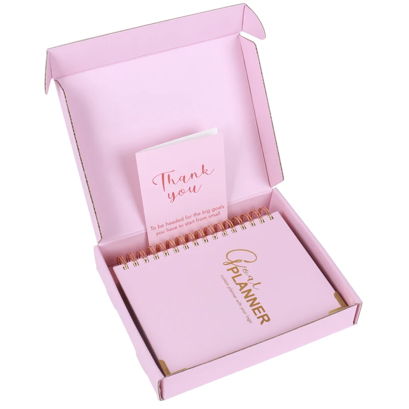 Gouden Spiraalvormige Binding Hardcover Roze Omslag Dagelijkse Doelenplanner En Tijdschriftset Aangepast Met Doos