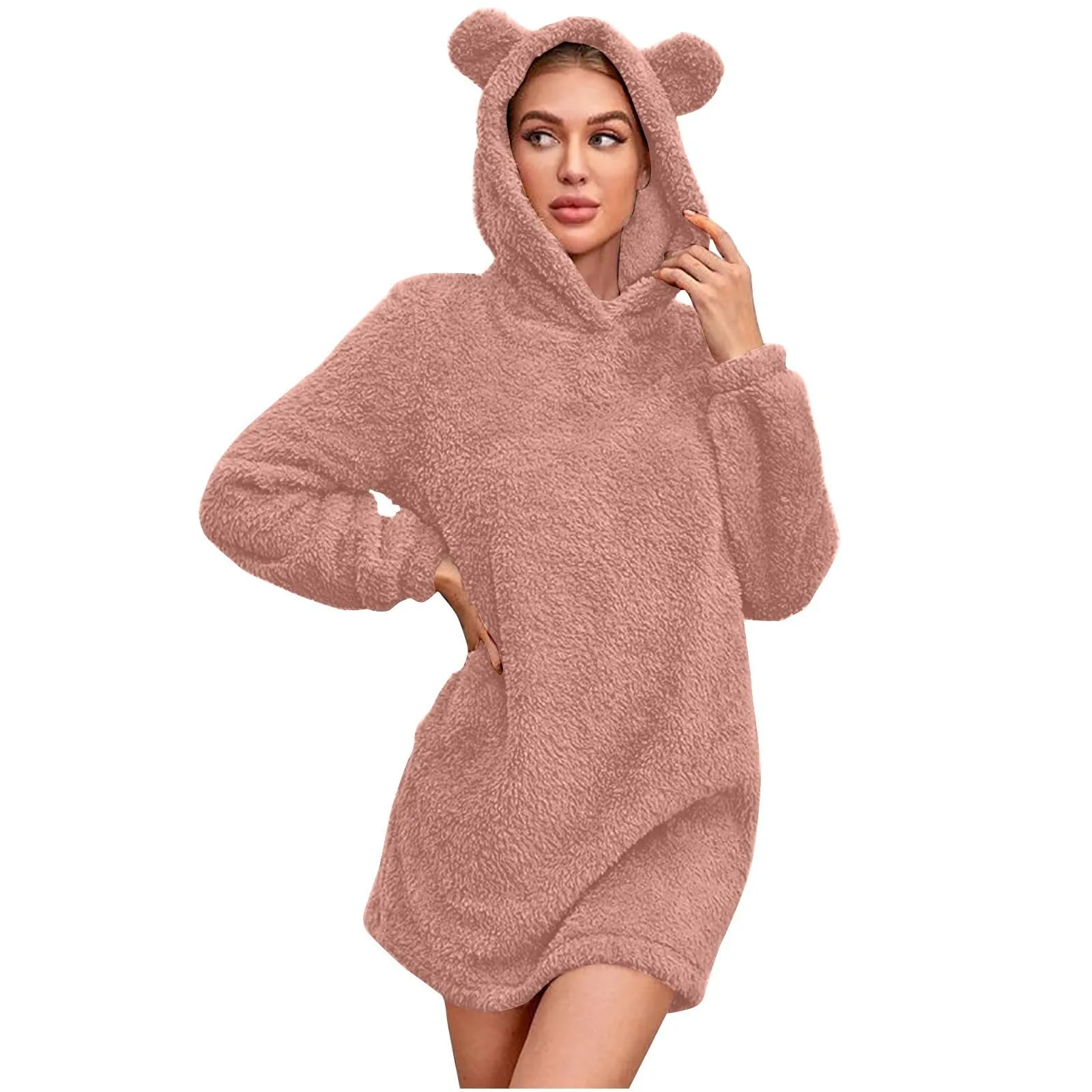 

Pajamas Dresses For Women Plush Hooded Casual Winter Warm Long Sleeve Sleepwear Fuzzy Fleece Cute Bear Ear Solid Nightgown Dress