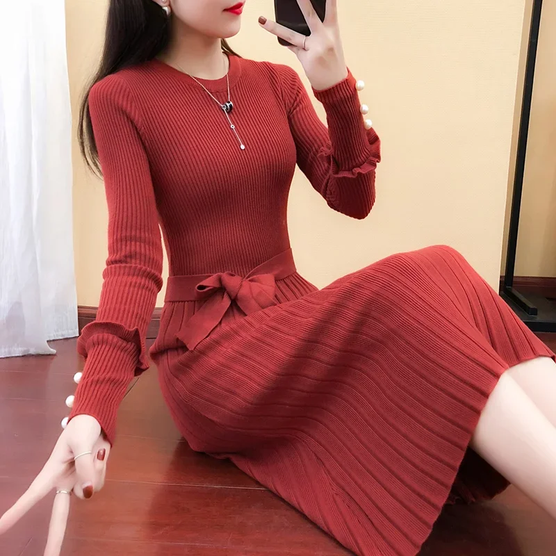 

Korean Fashion Slim Crew Neck Sweater Dress Women Elegant Belted Long Sleeve Pleated Knitted Long Dresses