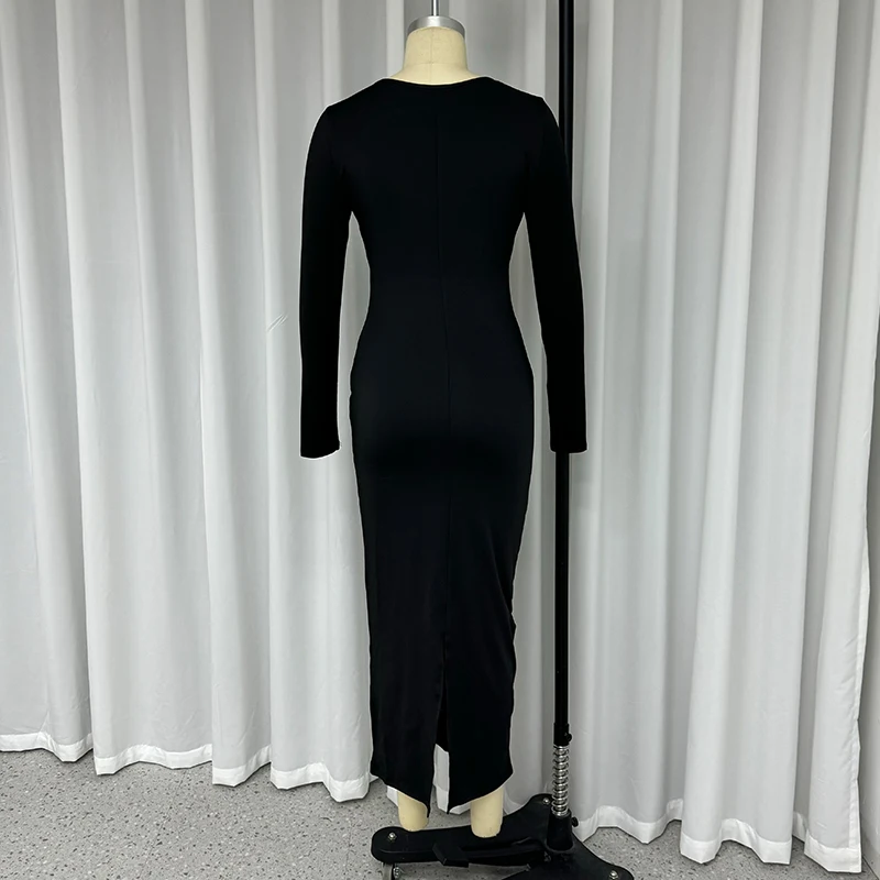 Ellafads Vrouwen Lange Jurk Herfst Mode Full Mouw Effen Zwarte Sexy Uitgesneden Jurk Elegante Bodycon Feestjurk Hoge Streetwear