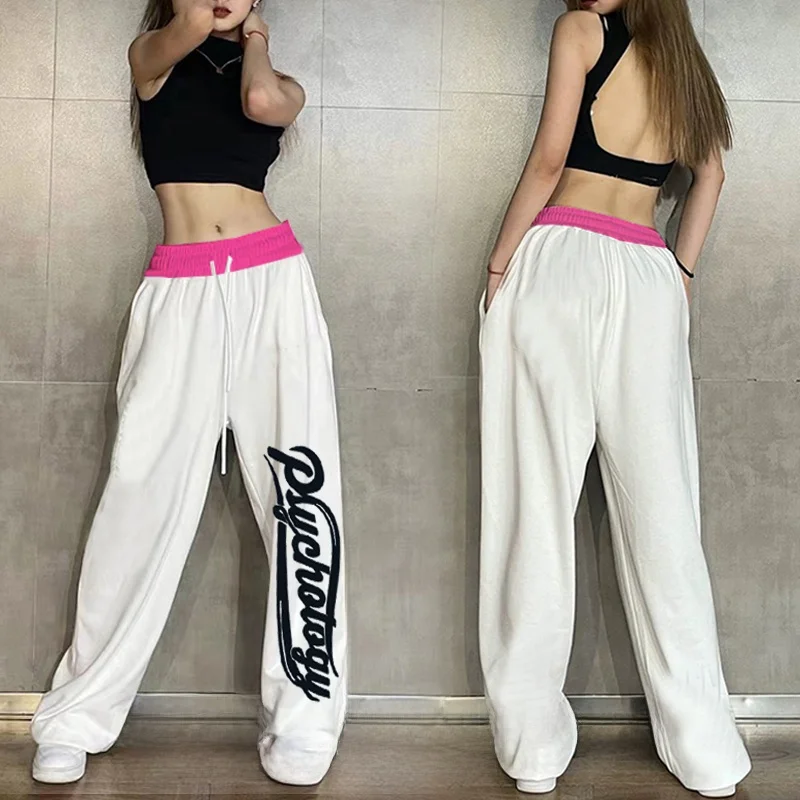 High Waist Casual Jazz Sport Pants Women's Loose Fit Hip Hop Dance Trousers Street Style Long Trousers Cotton Blend