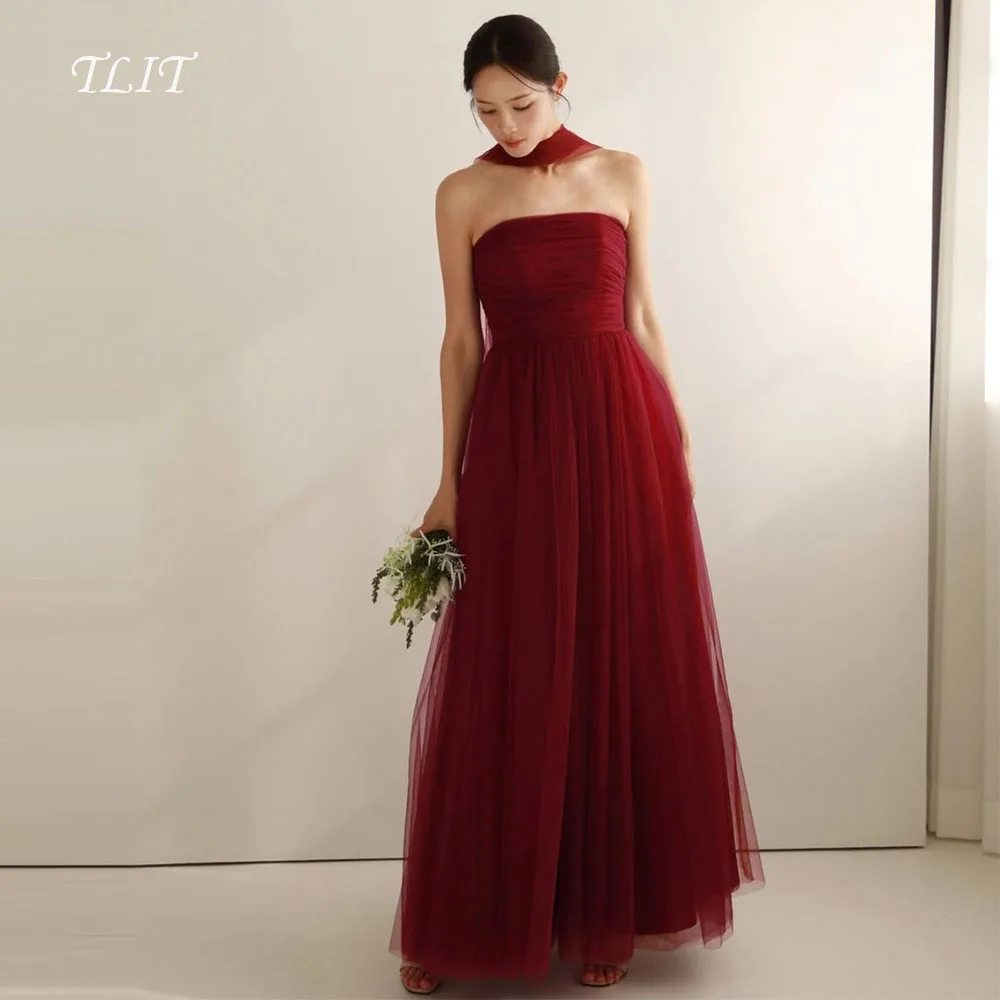 

TLIT Elegant Wine Red Tulle A-Line Wedding Dress Customized Strapless Long Shawl Bridal Gown Korea Wedding Dress Photos Shoot
