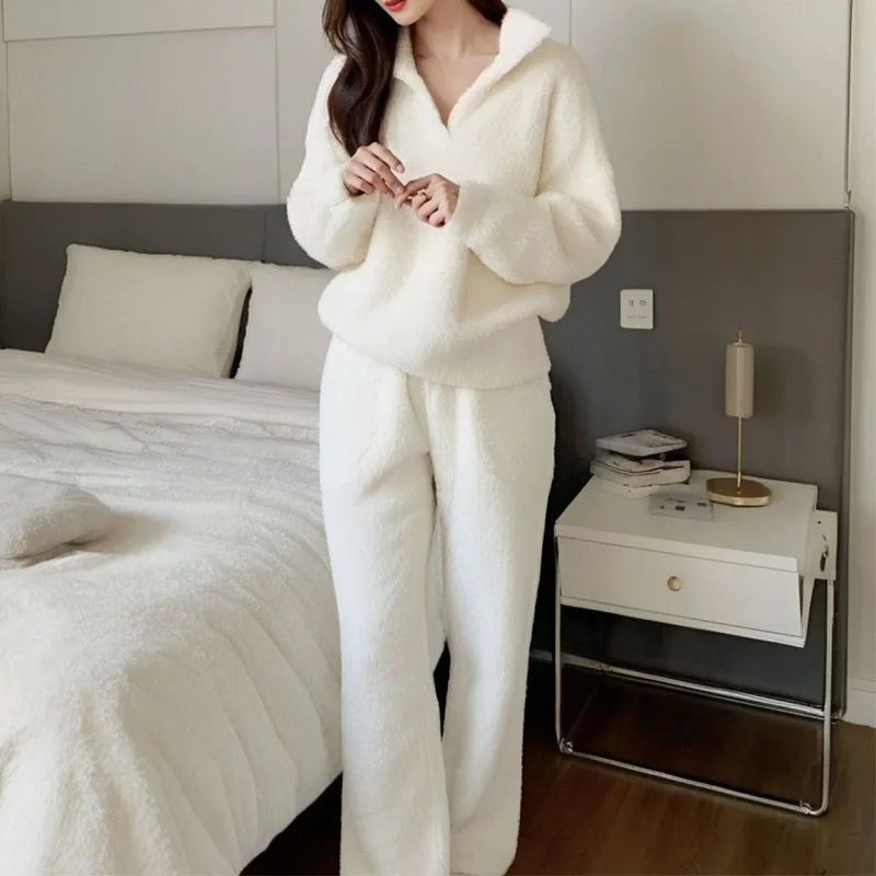 

Two Piece Home Solid Women Autumn Winter Thicken Sweet Casual Thermal Polo Neck Long Sleeve Pullovers High Waist Trousers Set