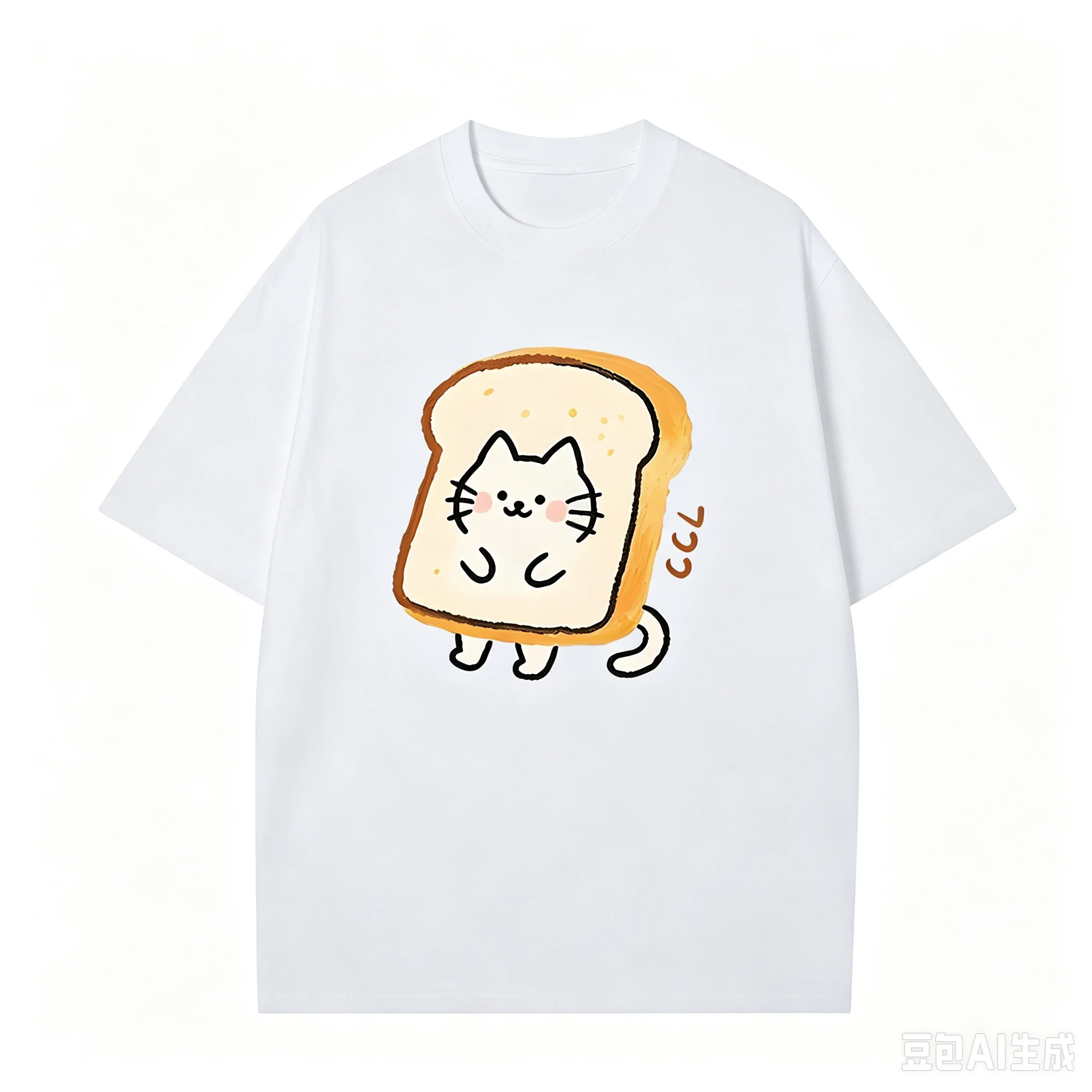 2026 New Cute Hipster-style Cartoon Bread Cat Print Short-sleeved T-shirt Versatile Round-neck Design