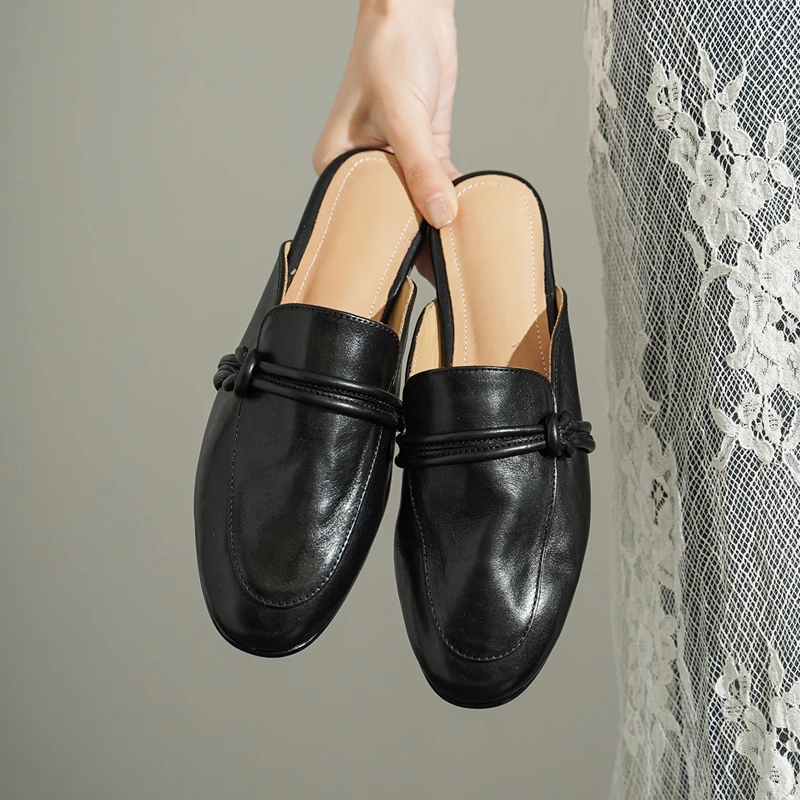 Zapatos planos de piel auténtica con punta redonda para mujer, zapatillas de ocio suaves y cómodas, sandalias de verano para mujer, zapatos diarios de alta calidad