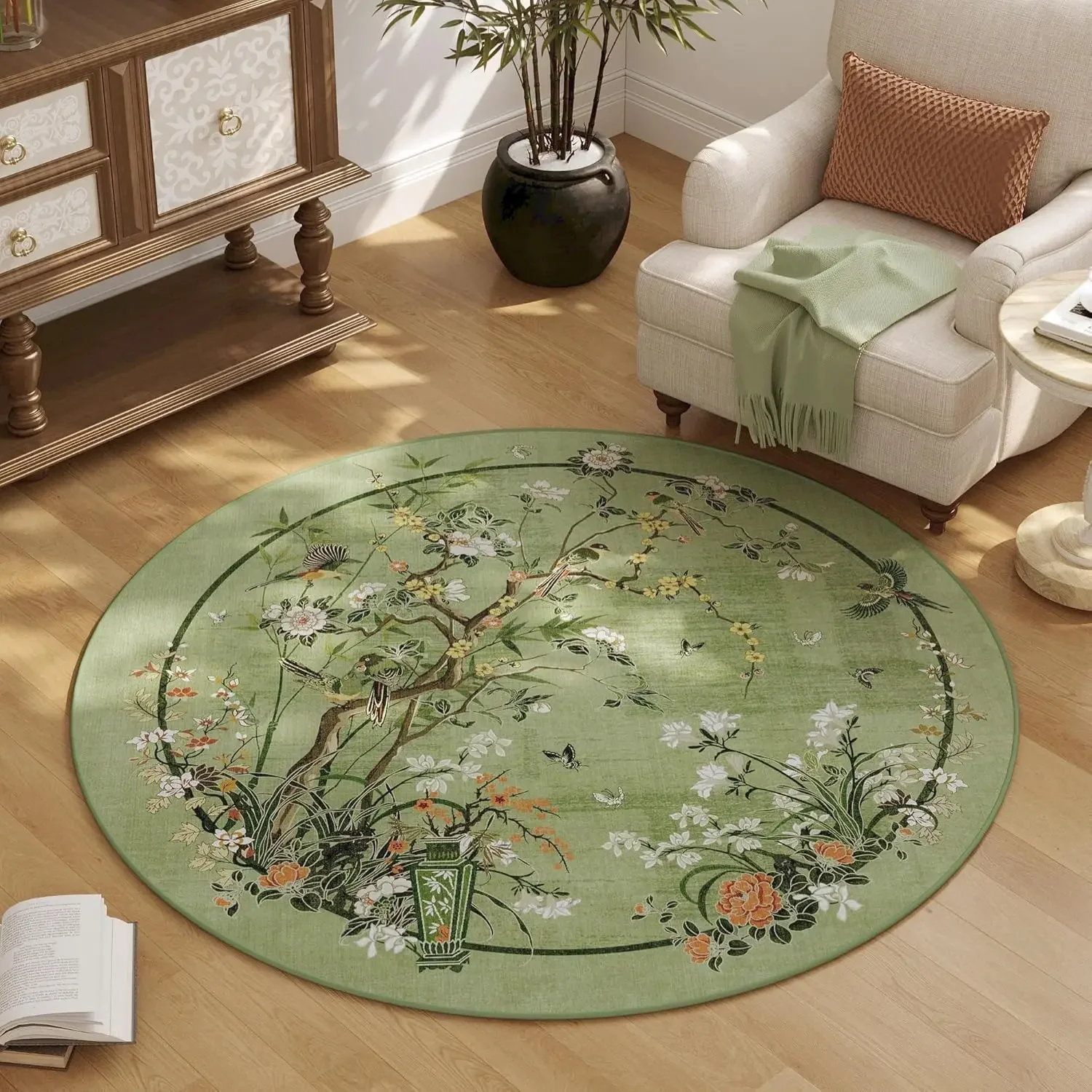 ~O~Chinese Style Flower & Bird Round Rug – Peony, Butterfly & Bamboo Motif for Elegant Living Room Home Decor
