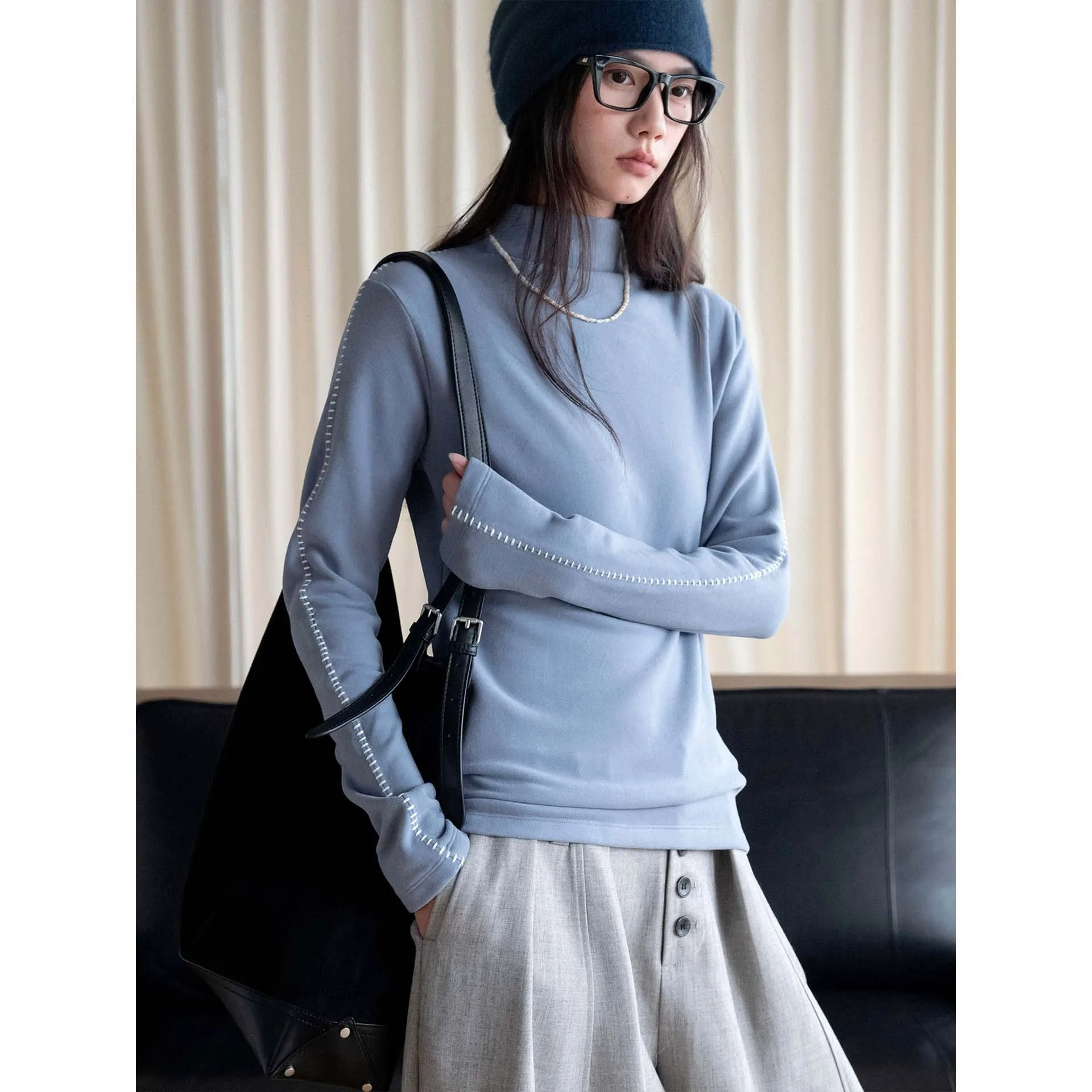 FANAN Minimalist Half High Neck Knit Tops Women Sleeve Stitch Detail Slim Fit Soft Warm Long Sleeve Daily Layering Tees Winter