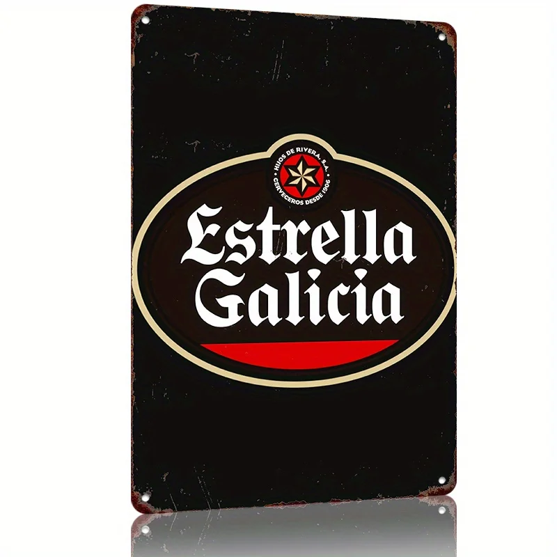 Estrella Galicia Premium Beer Label Vintage Metal Tin Sign  - Distressed Black Background with Red & White Circular Design, Per