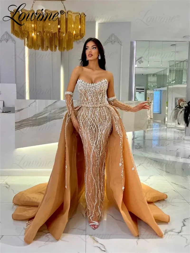 Customized Dark Champagne Arabic Evening Dresses With Detachable Skirt Gloves(without fingers) Crystals Mermaid Long Prom Dress