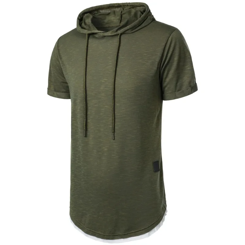 Summer Hooded Sweatwear New Mens Short Sleeve Loose T-shirt Solid Color Lightweight Hoodie Fitness Breathable Collar Tops