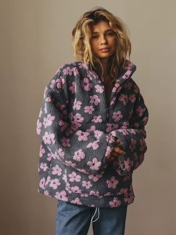 Yaminiya Women's 2025 New Fashion Polar Fleece Flower Blossoms Sweater Cotton Sweater Loose Warm Fur Stand Up Collar Zipper Top - Image 2