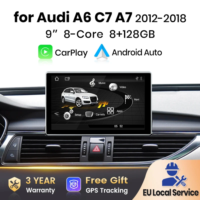 Reproductor multimedia inalámbrico AWESAFE con Carplay y Android Auto para coche, pantalla de radio para Audi A6 C7 A7 2012-2018 RMC H+NR 4G BT GPS.