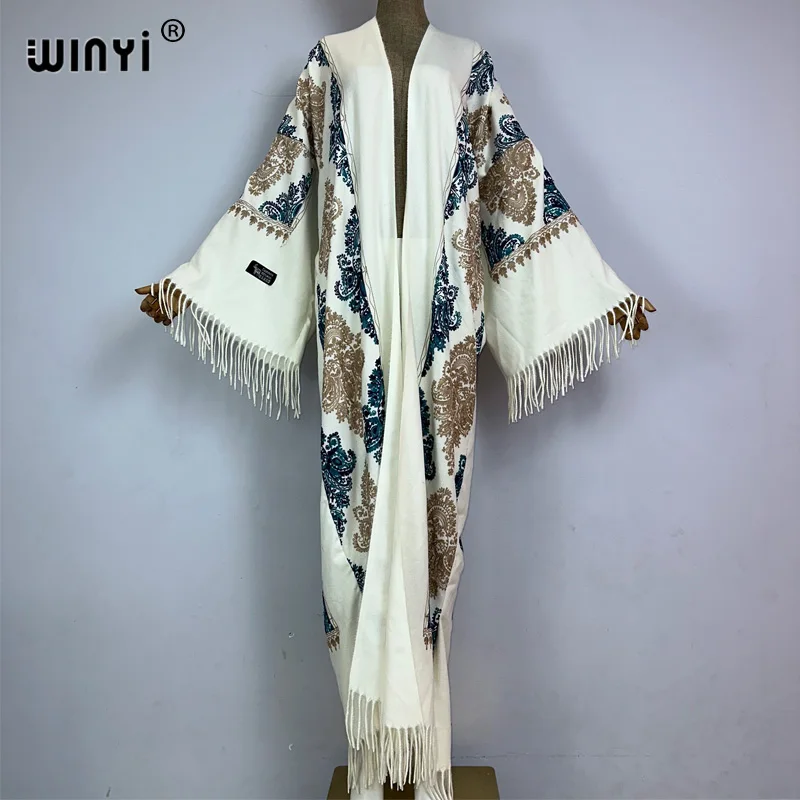 WINYI Donne di Inverno nappa Pashmina Ricamo Cappotto Lungo donna musulmana abiti abito abaya dubai lusso Medio Oriente Femminile KIMONO