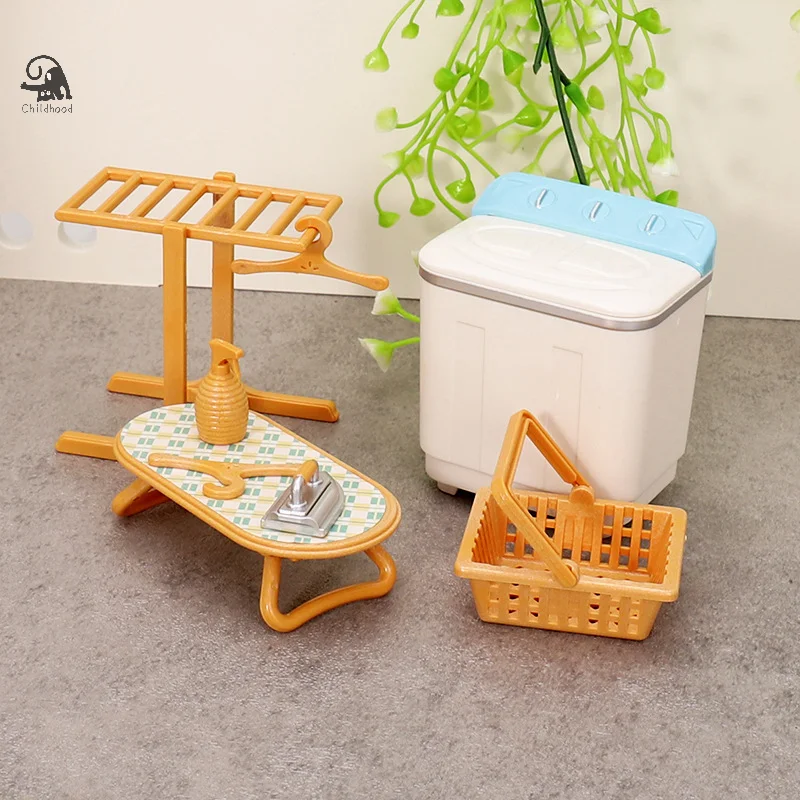 1:12 Dollhouse Miniature Washing Machine Clothes Drying Rack Iron Laundry Set Decor Toy Doll Furniture Kid's Pretend Play Toy