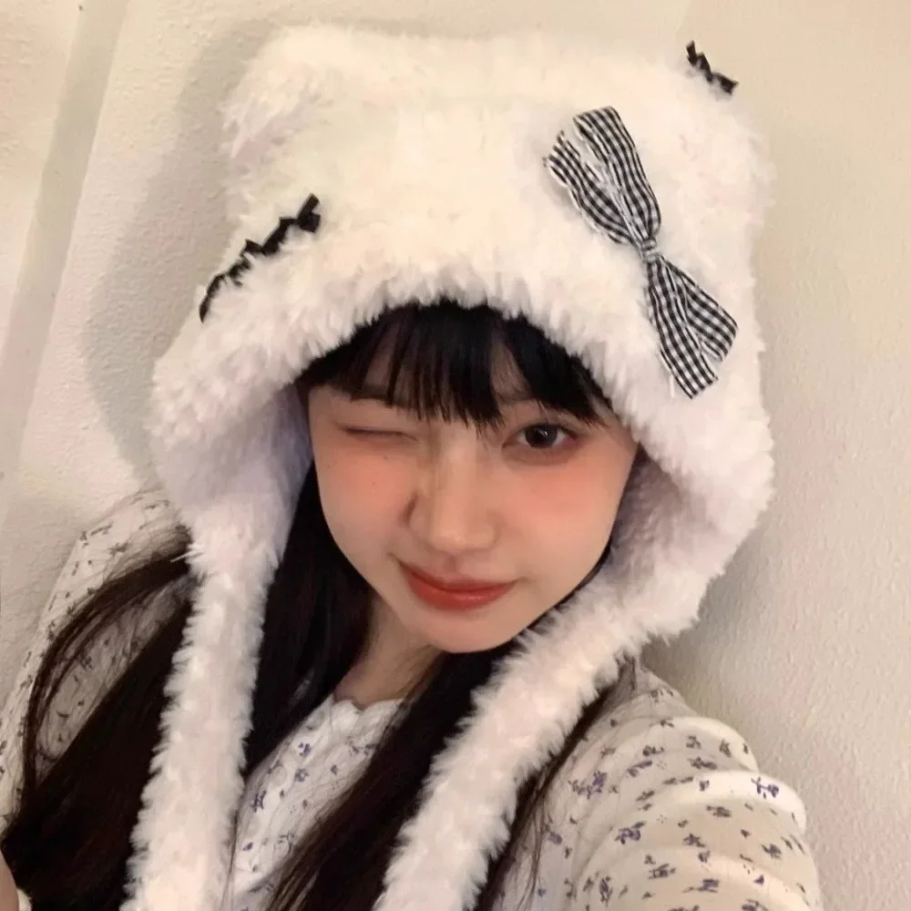 New Hello Kitty Hat Miniso Sweet Bow Plush Bomb Hat Women's Winter Thick Warm Windproof Ear Protection Strap Velvet Ball Hat