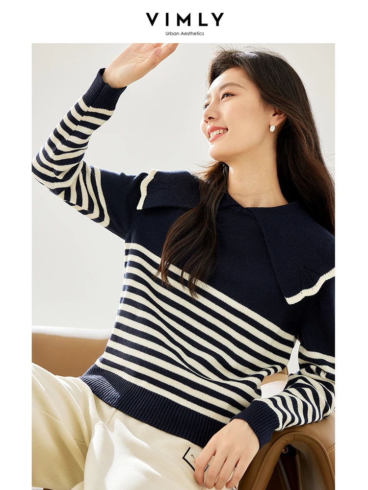 Vimly Contrast Striped Pullover Sweater Lapel Long Sleeve Knitted Tops for Women 2023 Autumn High Strecth Jumpers Knitwear 72236