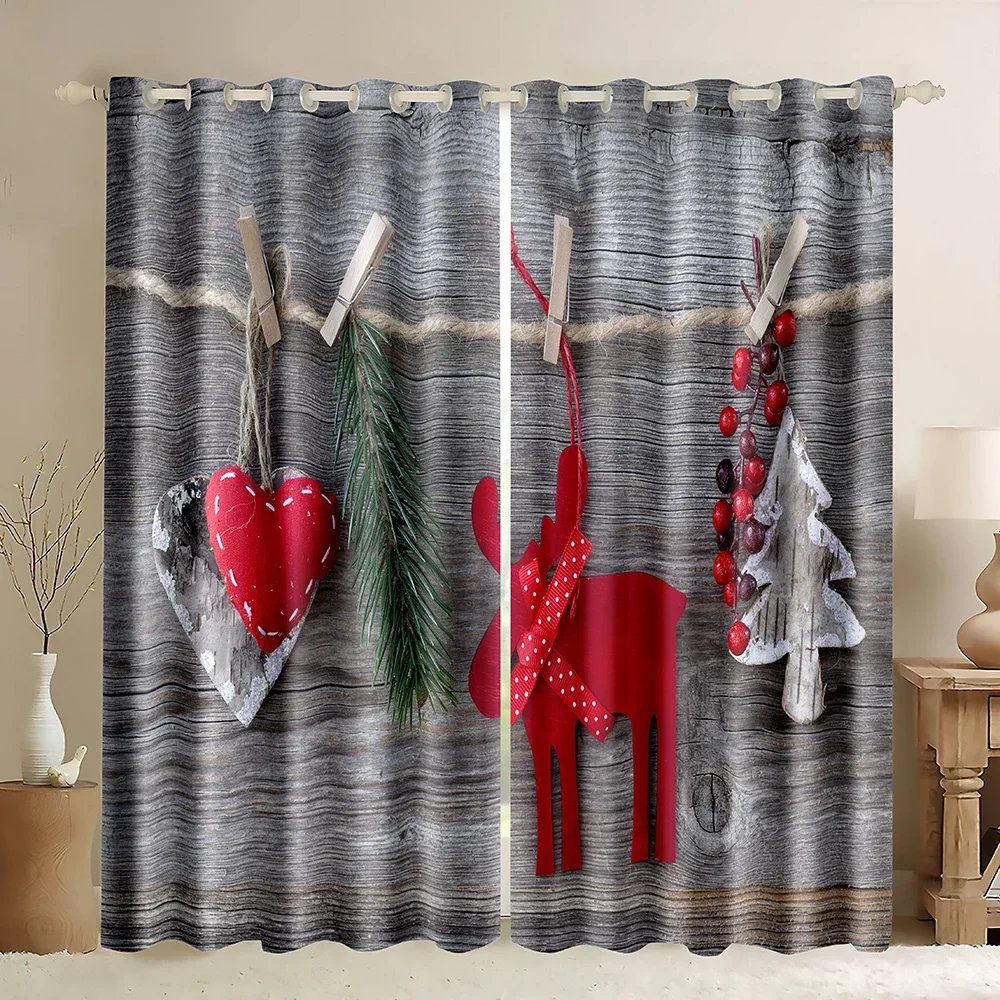 Christmas Window Curtains, Xmas Traditional Winter Theme Traditional Design Holly Berry Branches Elk Pine Print Blackout Curtain
