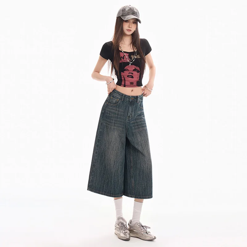 American Vintage Wide Leg Denim Short Women Spring Summer Solid Loose Casual Straight Jeans High Waist Y2K Female Denim Trousers