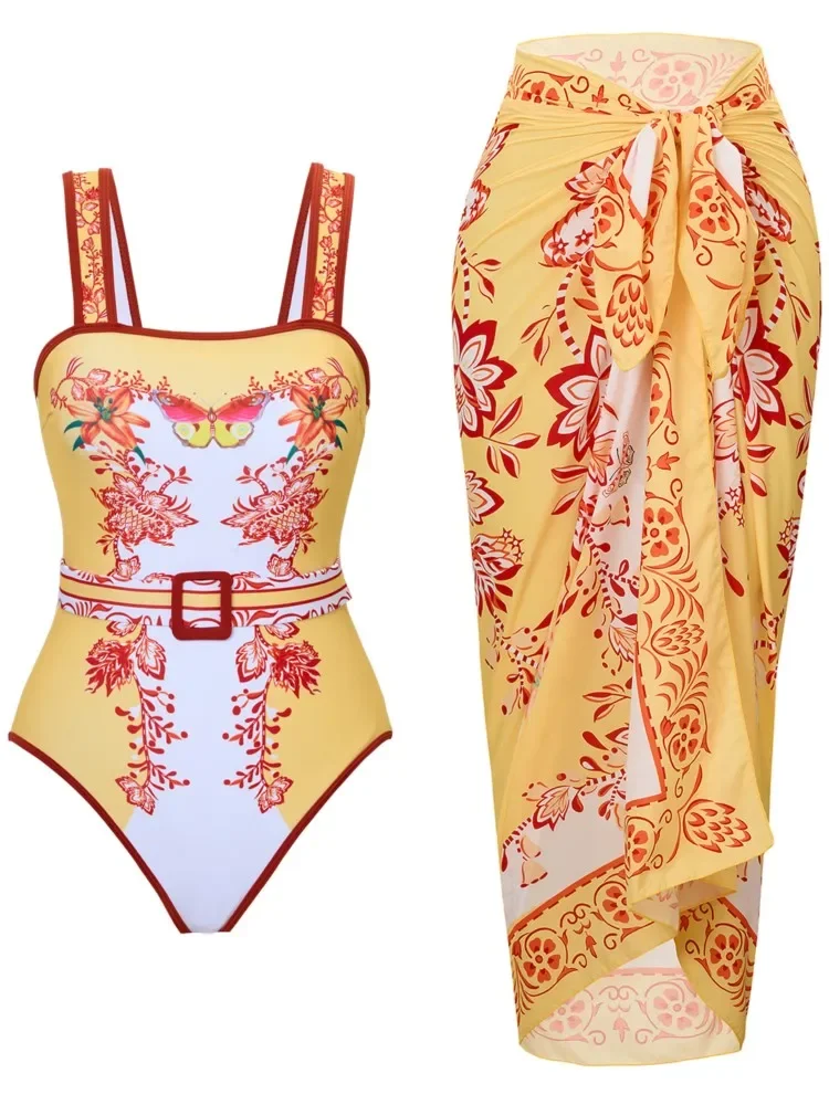 Retro Bikini Printed Fashion One Piece Swimsuit And Cover Up With Skirt Tight Women's Bandage Summer Beach Luxury Elegant