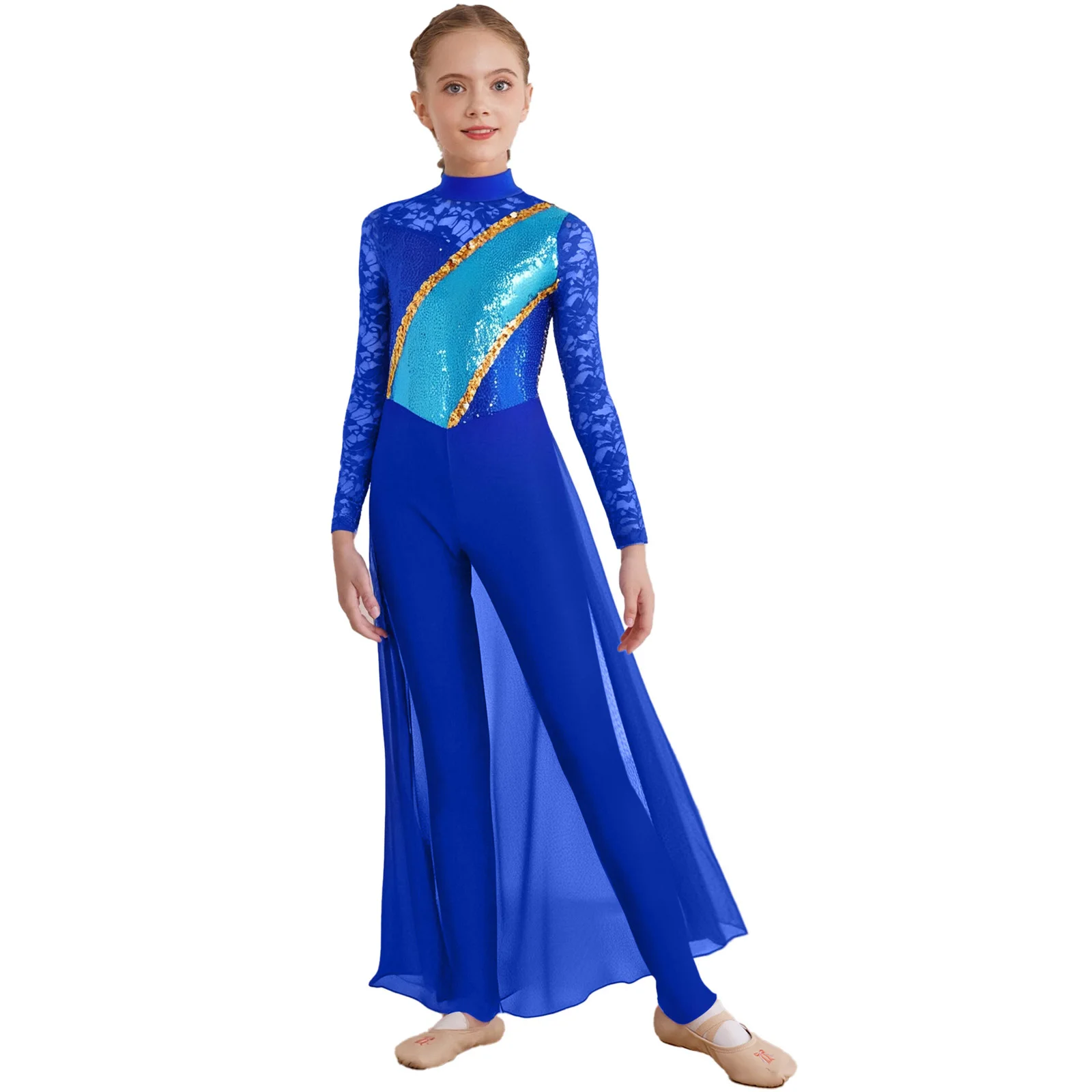 Kinder Mädchen Gymnastik Eiskunstlauf Overall Blumenspitze Pailletten Chiffon Rock Ganzanzug Strampler Kleider Lyrisches Tanzkostüm