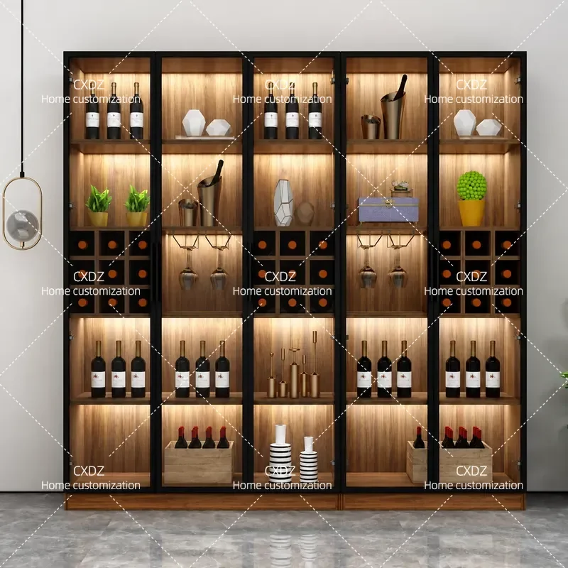 Custom Wall Mounted Wine Cabinet Living Room Storage Display Unit Modern Minimalist Light Luxury Glass Door Solid Wood High