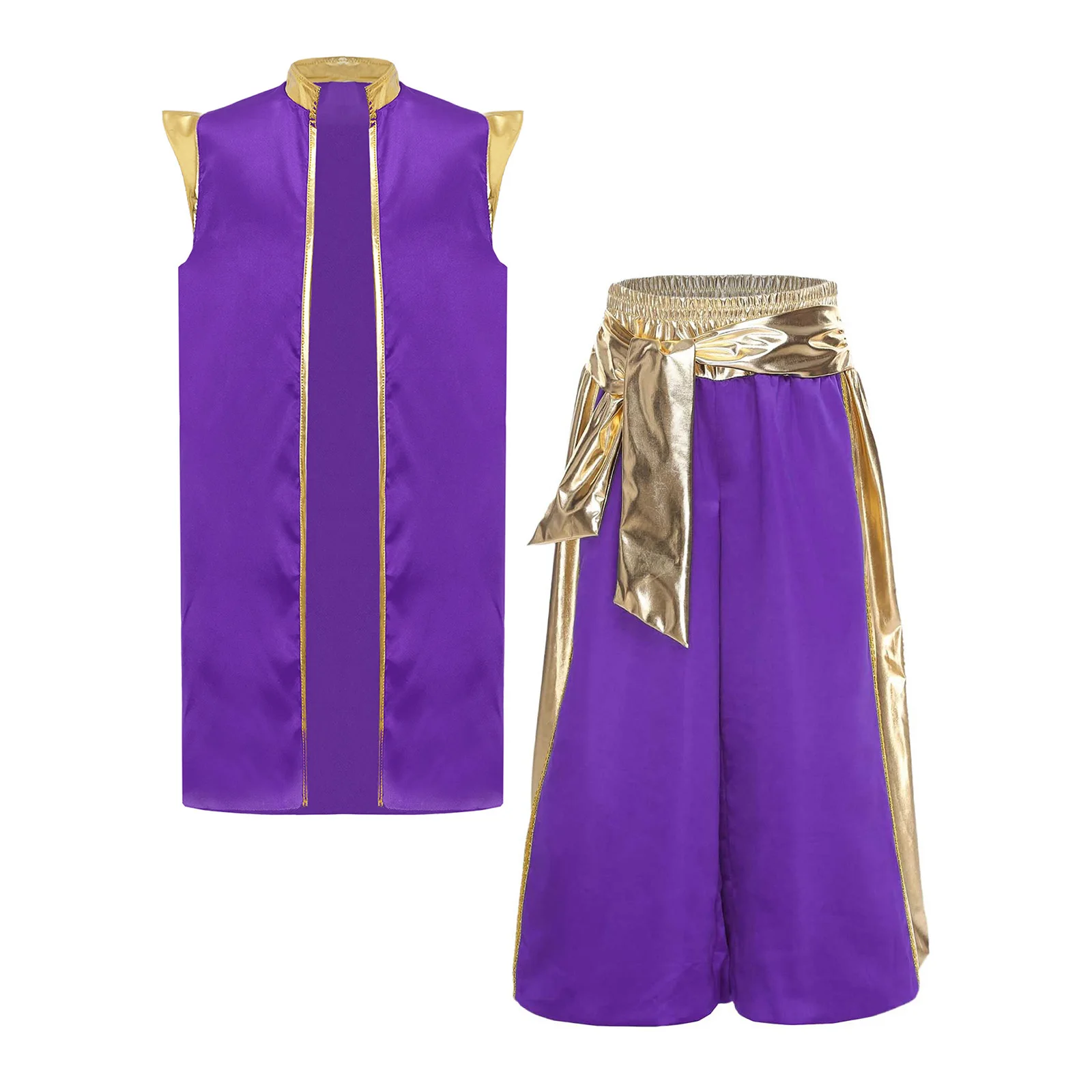 Disfraz de Príncipe Árabe para niños, trajes de Cosplay de Halloween, chaleco y pantalones de calabaza metálicos, bombachos, pantalones Harem, vestido de Carnaval